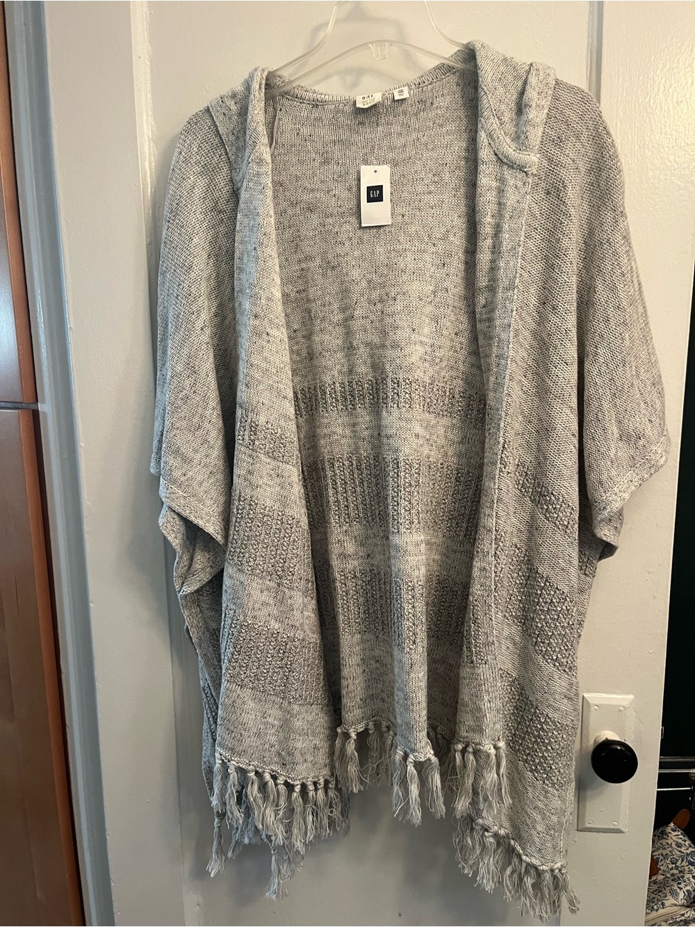 GAP Light Gray Hooded Knit Fringe Poncho